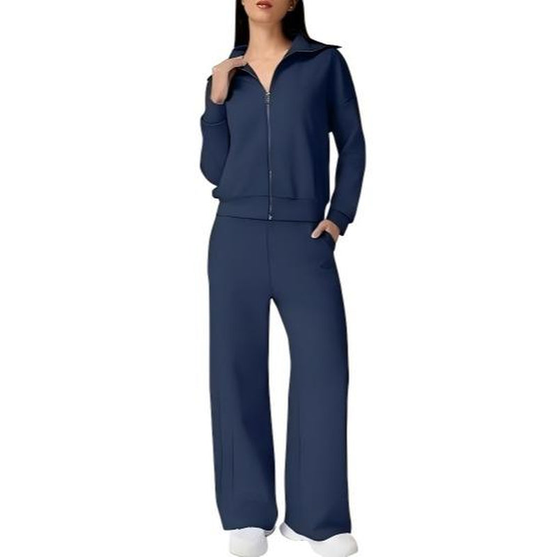 Elevate Your Style with the QINSEN Women's Cotton 2 Piece Tracksuit: Chic Lapel Zip-Up Sweatshirt & Wide-Leg Pants Set