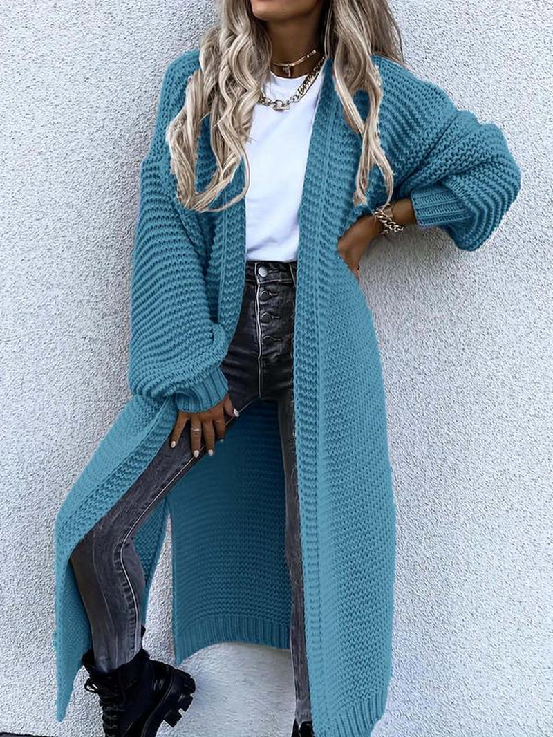 Chic Women's Longline Cardigan with Split Hem & Bishop Sleeves - Perfect for Fall & Winter Daily Wear