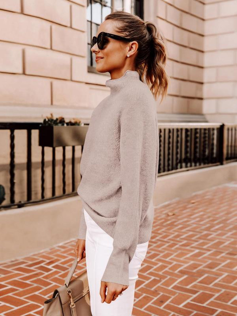 Stylish Ribbed Chunky Knit Mock Neck Sweater for Women