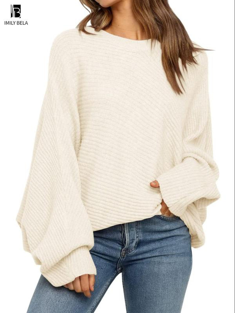 Chic Batwing Sleeve Sweater - Stylish Round Neck Pullover for Effortless Spring & Fall Fashion