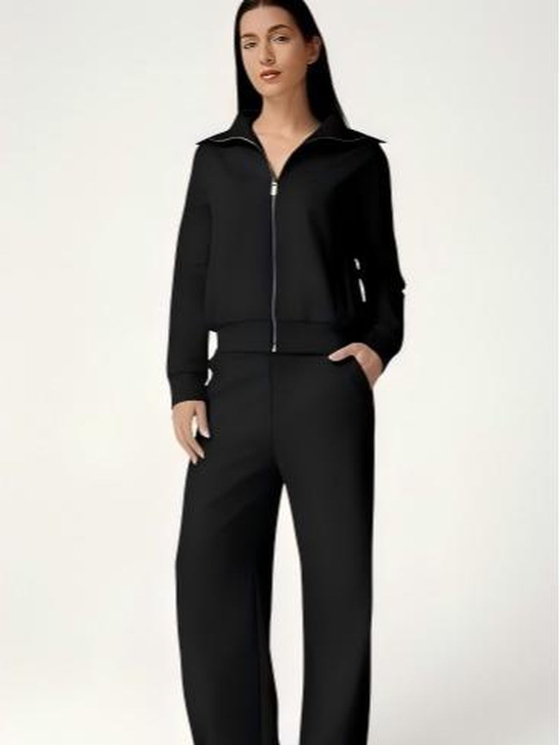Elevate Your Style with the QINSEN Women's Cotton 2 Piece Tracksuit: Chic Lapel Zip-Up Sweatshirt & Wide-Leg Pants Set