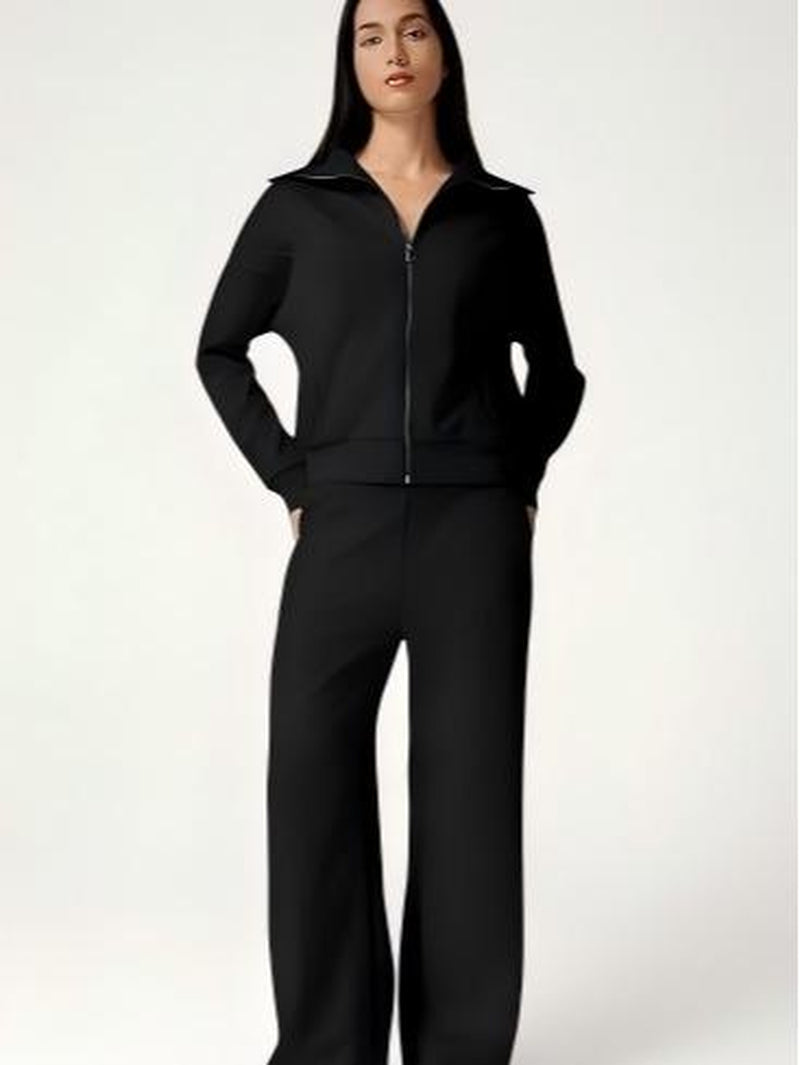 Elevate Your Style with the QINSEN Women's Cotton 2 Piece Tracksuit: Chic Lapel Zip-Up Sweatshirt & Wide-Leg Pants Set