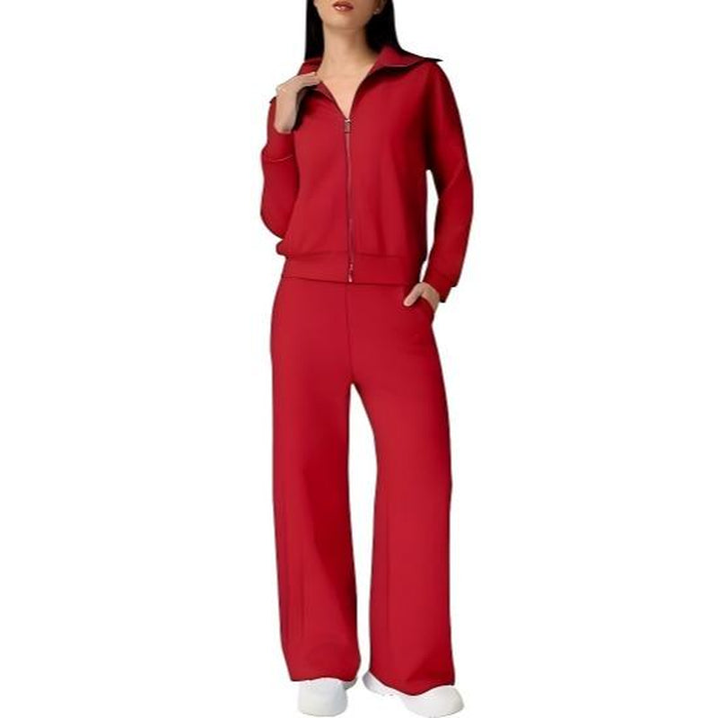 Elevate Your Style with the QINSEN Women's Cotton 2 Piece Tracksuit: Chic Lapel Zip-Up Sweatshirt & Wide-Leg Pants Set