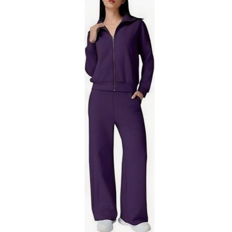 Elevate Your Style with the QINSEN Women's Cotton 2 Piece Tracksuit: Chic Lapel Zip-Up Sweatshirt & Wide-Leg Pants Set