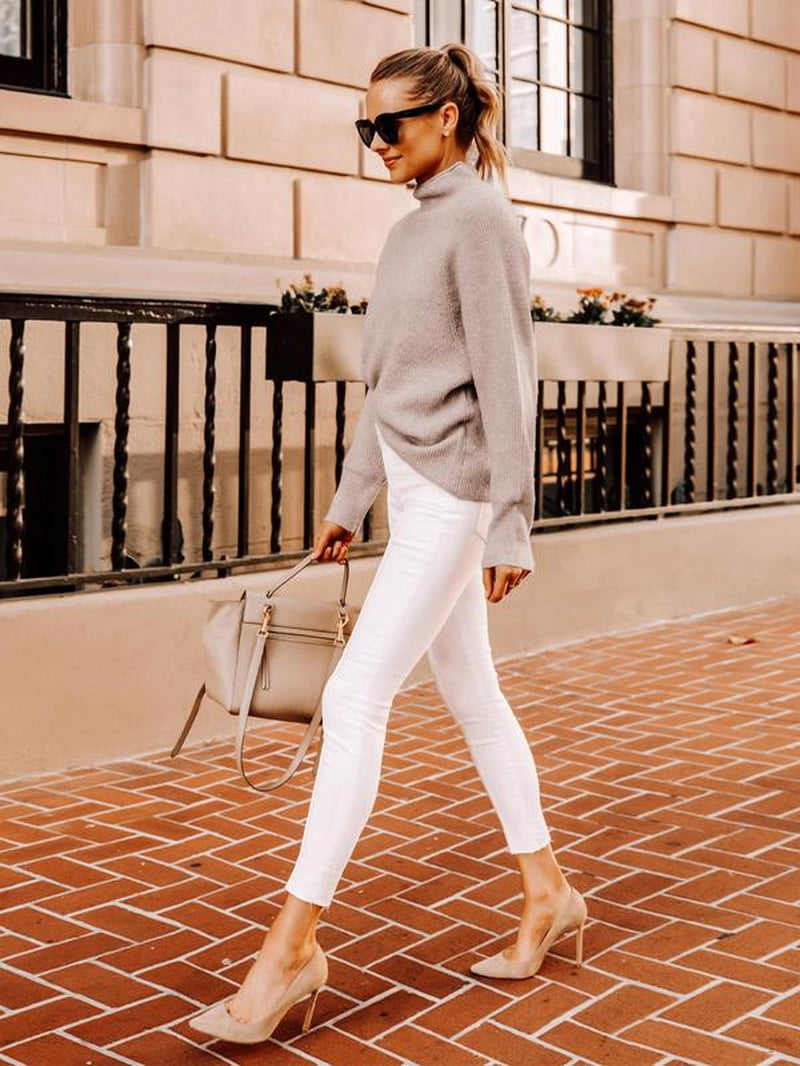 Stylish Ribbed Chunky Knit Mock Neck Sweater for Women