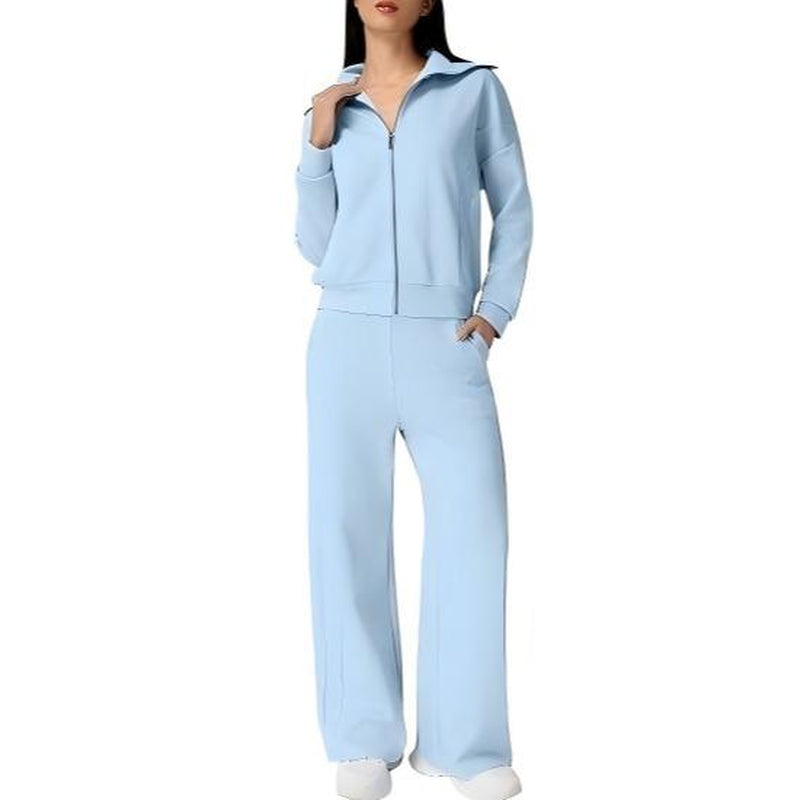 Elevate Your Style with the QINSEN Women's Cotton 2 Piece Tracksuit: Chic Lapel Zip-Up Sweatshirt & Wide-Leg Pants Set