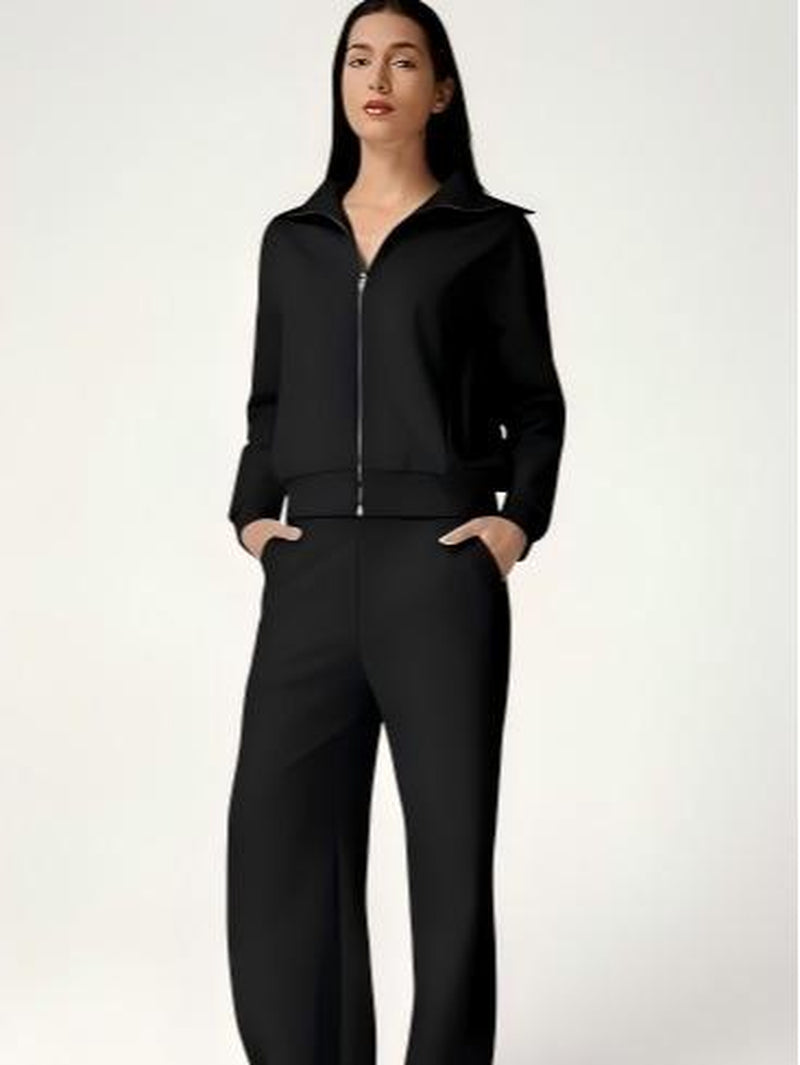 Elevate Your Style with the QINSEN Women's Cotton 2 Piece Tracksuit: Chic Lapel Zip-Up Sweatshirt & Wide-Leg Pants Set