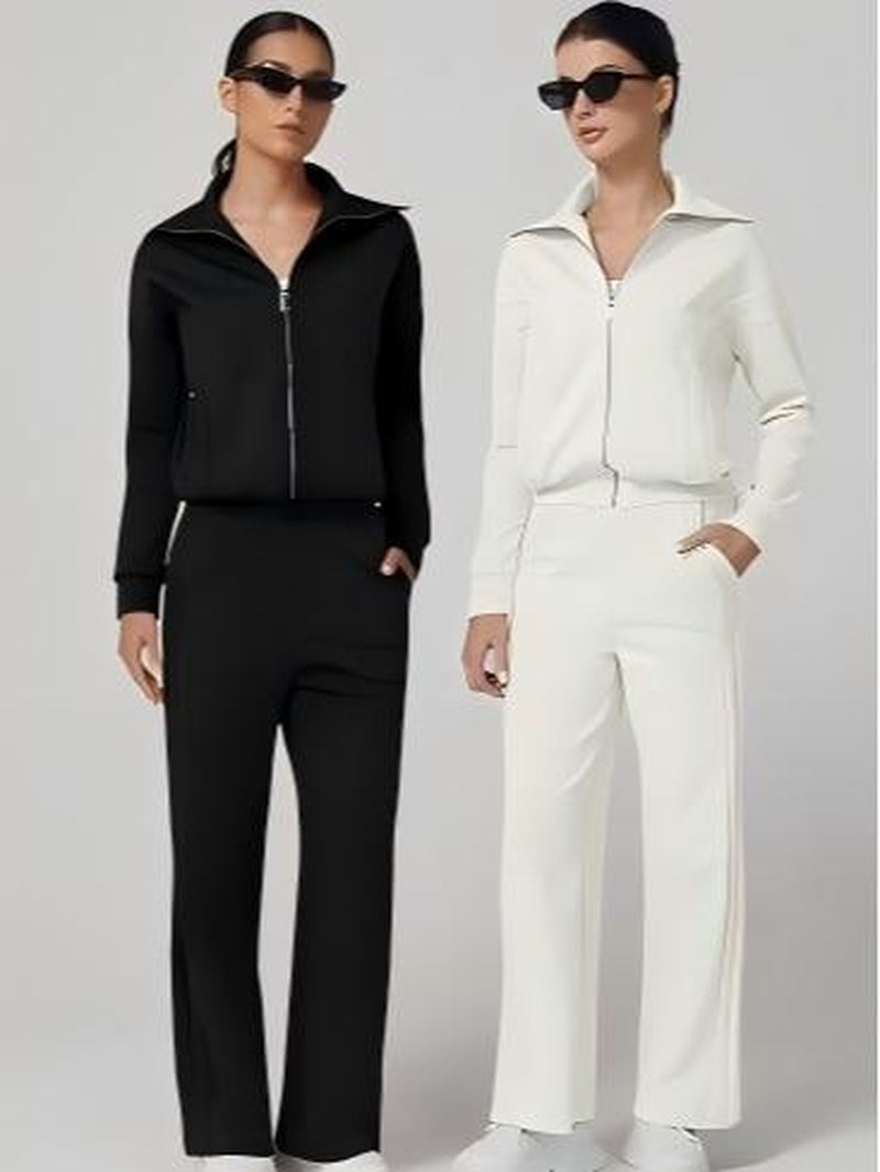 Elevate Your Style with the QINSEN Women's Cotton 2 Piece Tracksuit: Chic Lapel Zip-Up Sweatshirt & Wide-Leg Pants Set
