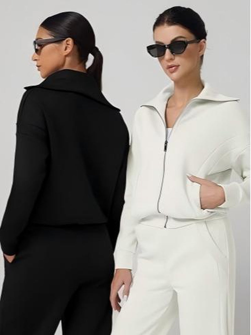 Elevate Your Style with the QINSEN Women's Cotton 2 Piece Tracksuit: Chic Lapel Zip-Up Sweatshirt & Wide-Leg Pants Set