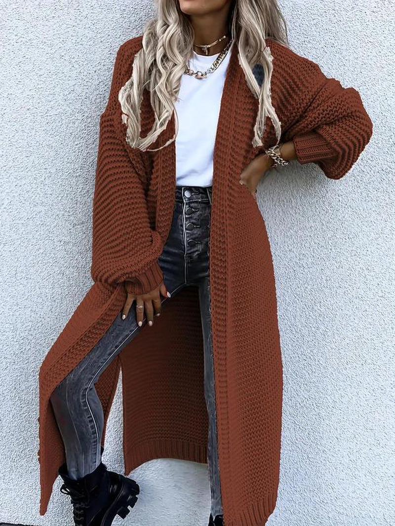 Chic Women's Longline Cardigan with Split Hem & Bishop Sleeves - Perfect for Fall & Winter Daily Wear
