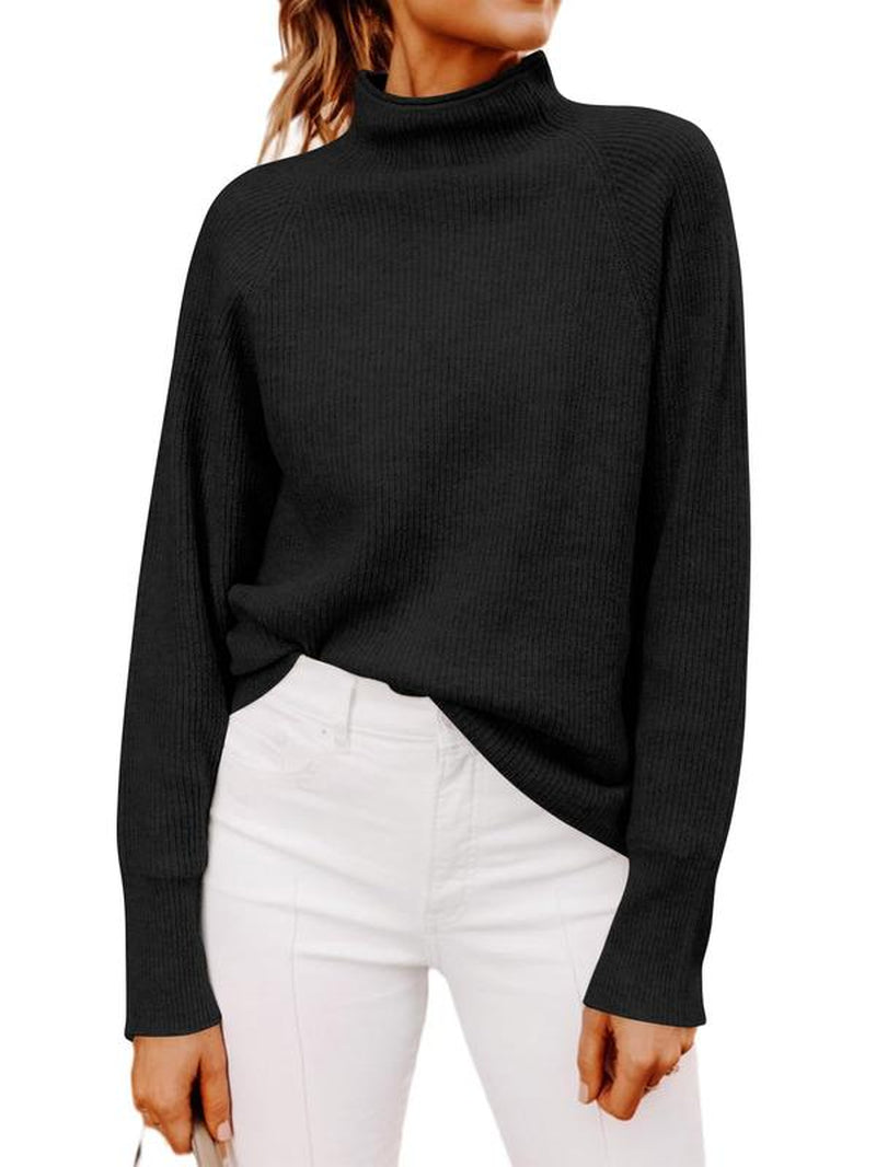 Stylish Ribbed Chunky Knit Mock Neck Sweater for Women