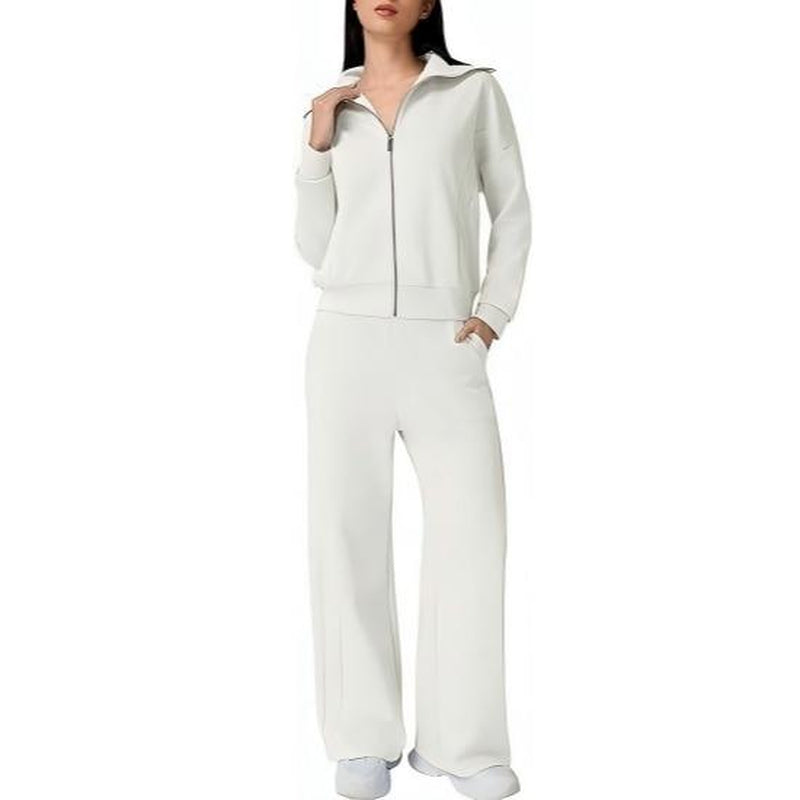 Elevate Your Style with the QINSEN Women's Cotton 2 Piece Tracksuit: Chic Lapel Zip-Up Sweatshirt & Wide-Leg Pants Set