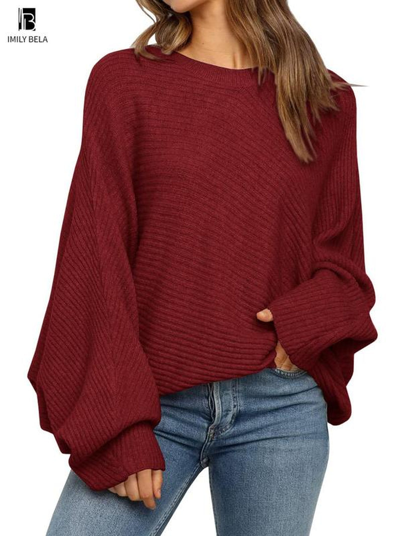 Chic Batwing Sleeve Sweater - Stylish Round Neck Pullover for Effortless Spring & Fall Fashion