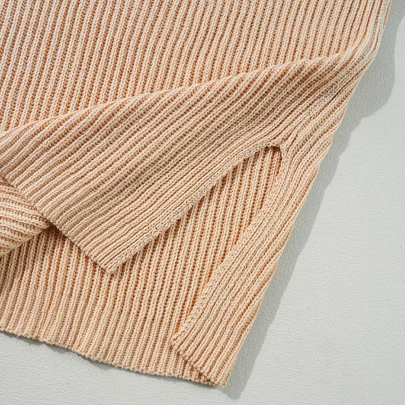 Effortlessly Stylish Chic Apricot Cable Knit Sweater with Side Slits - Cozy Loose Fit