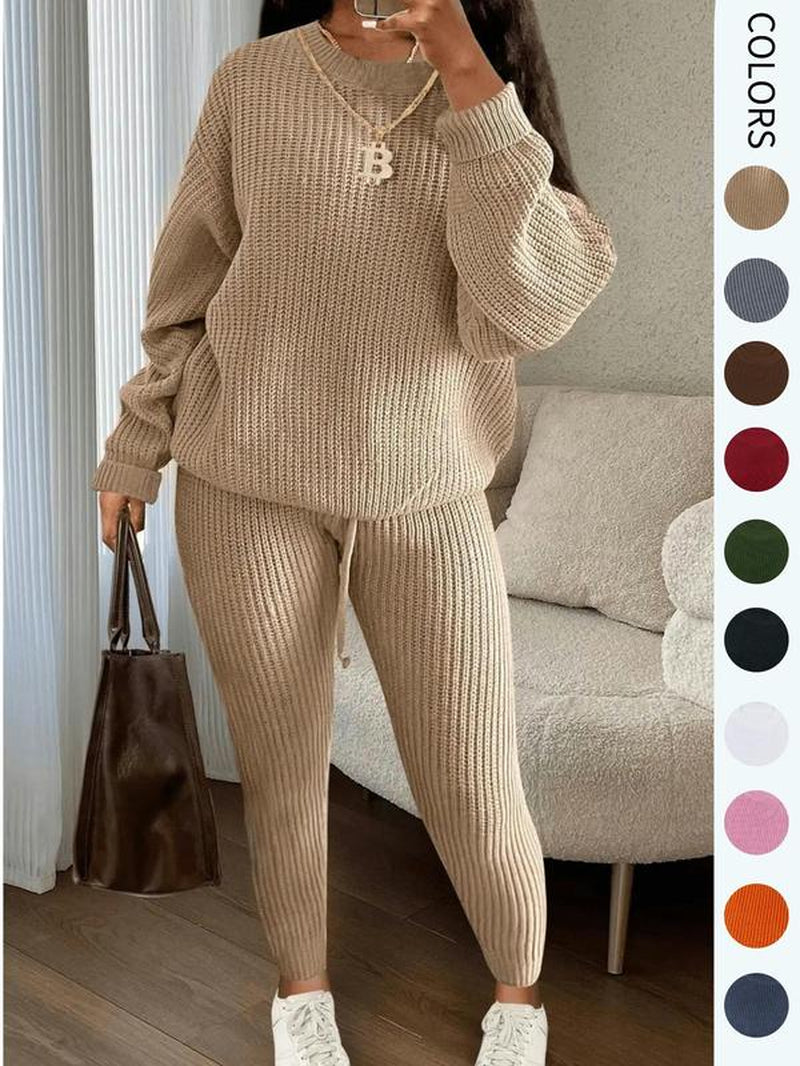 Cozy Women's 2-Piece Sweater & Pants Set - Stylish Drop Shoulder Long Sleeve Knitwear for Fall/Winter Casual Wear