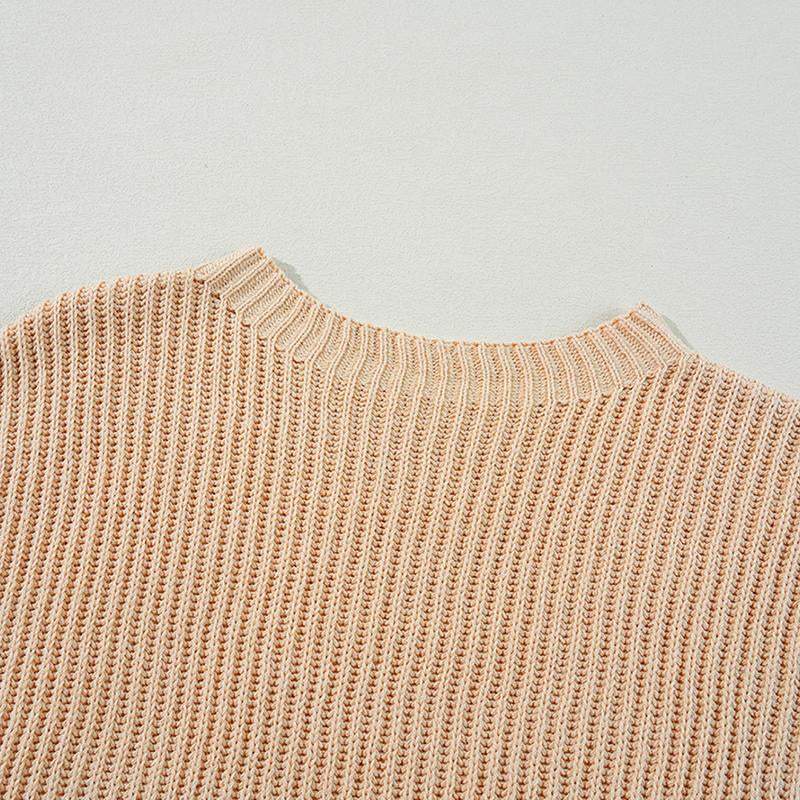 Effortlessly Stylish Chic Apricot Cable Knit Sweater with Side Slits - Cozy Loose Fit