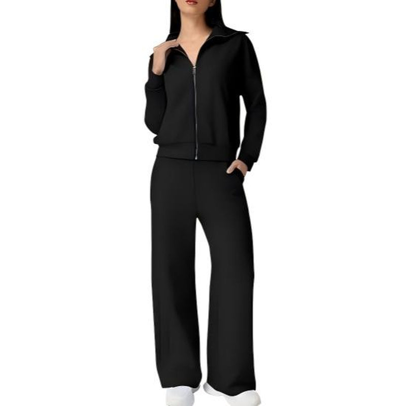 Elevate Your Style with the QINSEN Women's Cotton 2 Piece Tracksuit: Chic Lapel Zip-Up Sweatshirt & Wide-Leg Pants Set