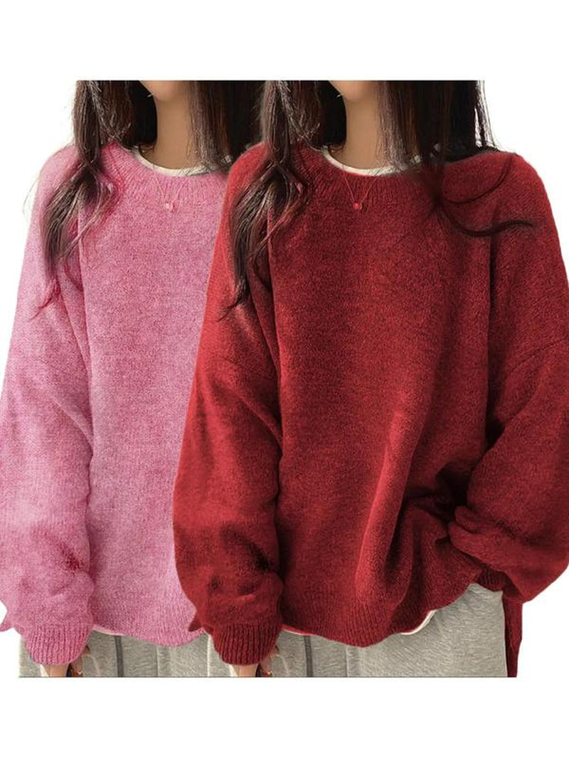 Chic Women's Drop Shoulder Split Hem Sweater - Cozy Long Sleeve Knitwear for Fall & Winter