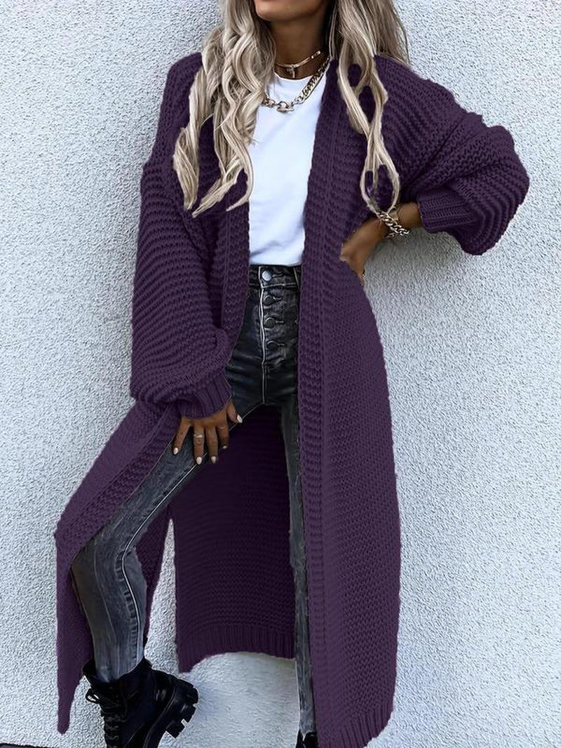 Chic Women's Longline Cardigan with Split Hem & Bishop Sleeves - Perfect for Fall & Winter Daily Wear