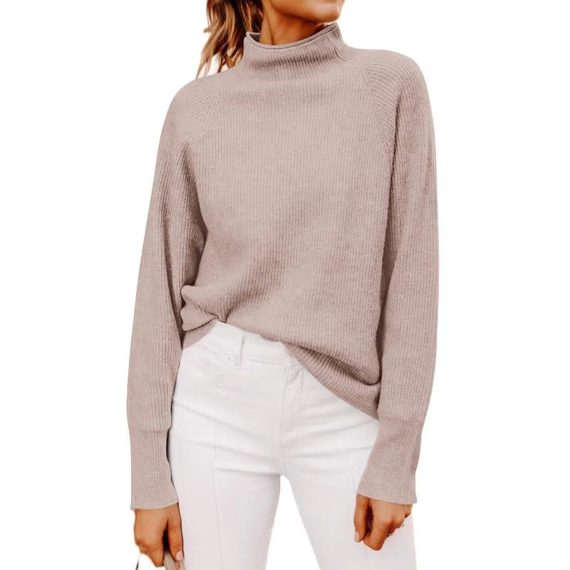 Stylish Ribbed Chunky Knit Mock Neck Sweater for Women