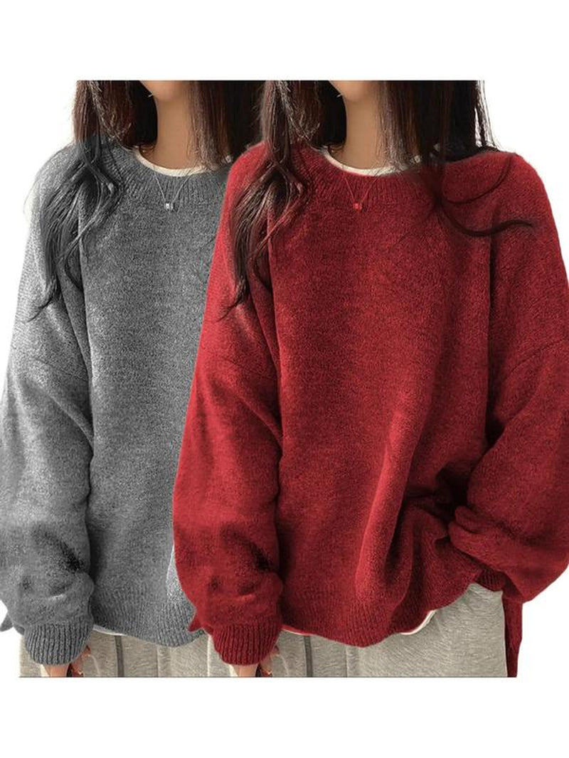 Chic Women's Drop Shoulder Split Hem Sweater - Cozy Long Sleeve Knitwear for Fall & Winter