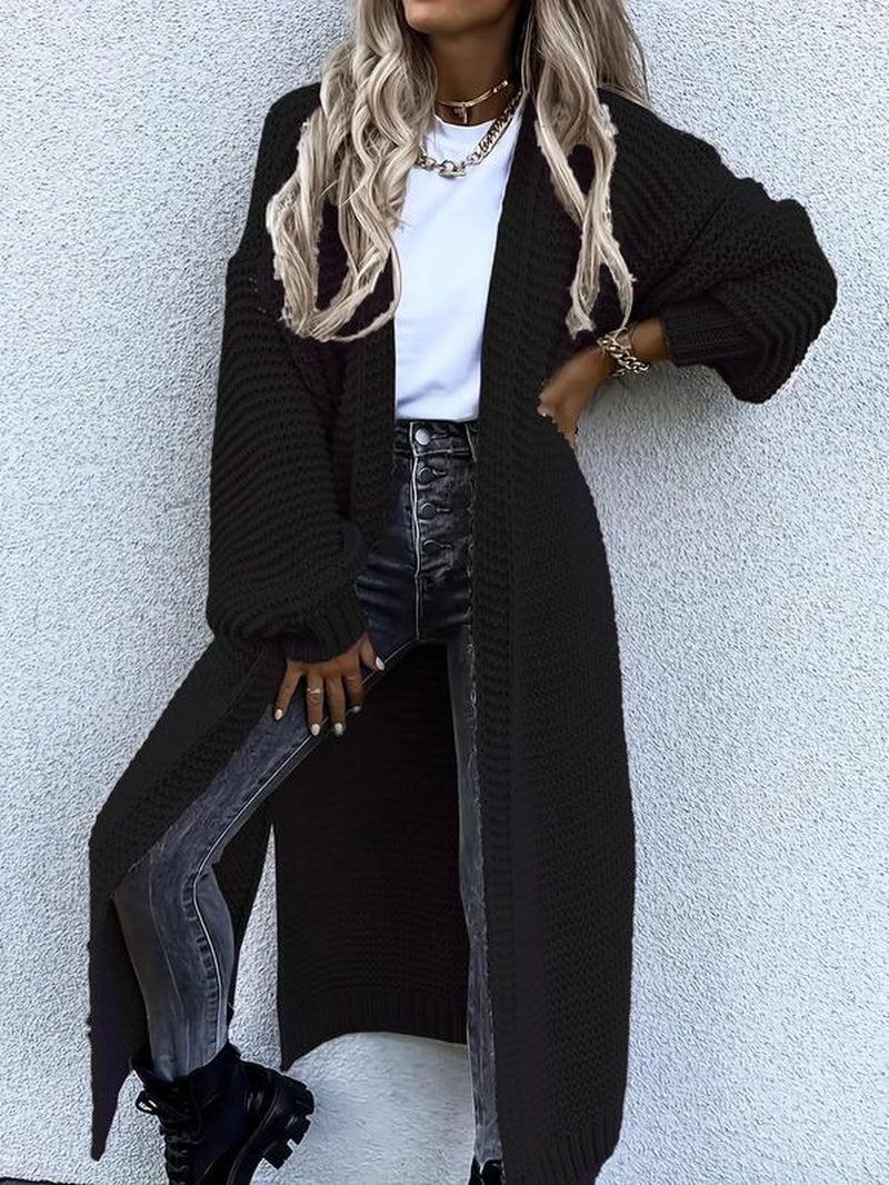Chic Women's Longline Cardigan with Split Hem & Bishop Sleeves - Perfect for Fall & Winter Daily Wear