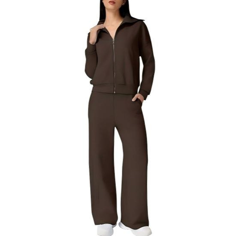 Elevate Your Style with the QINSEN Women's Cotton 2 Piece Tracksuit: Chic Lapel Zip-Up Sweatshirt & Wide-Leg Pants Set