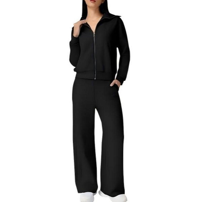 Elevate Your Style with the QINSEN Women's Cotton 2 Piece Tracksuit: Chic Lapel Zip-Up Sweatshirt & Wide-Leg Pants Set
