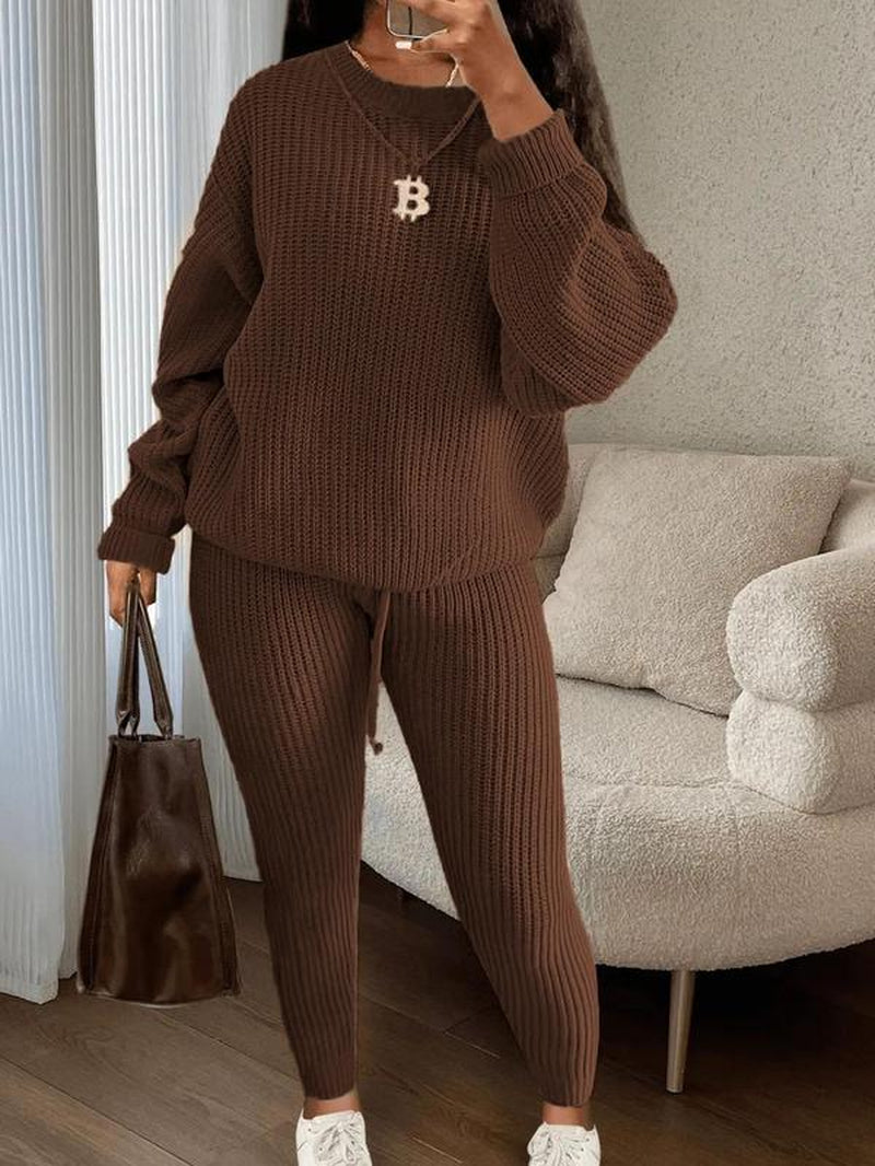 Cozy Women's 2-Piece Sweater & Pants Set - Stylish Drop Shoulder Long Sleeve Knitwear for Fall/Winter Casual Wear