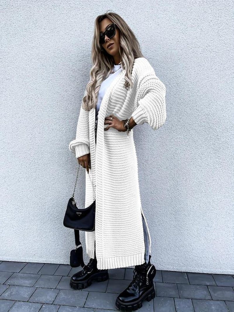 Chic Women's Longline Cardigan with Split Hem & Bishop Sleeves - Perfect for Fall & Winter Daily Wear