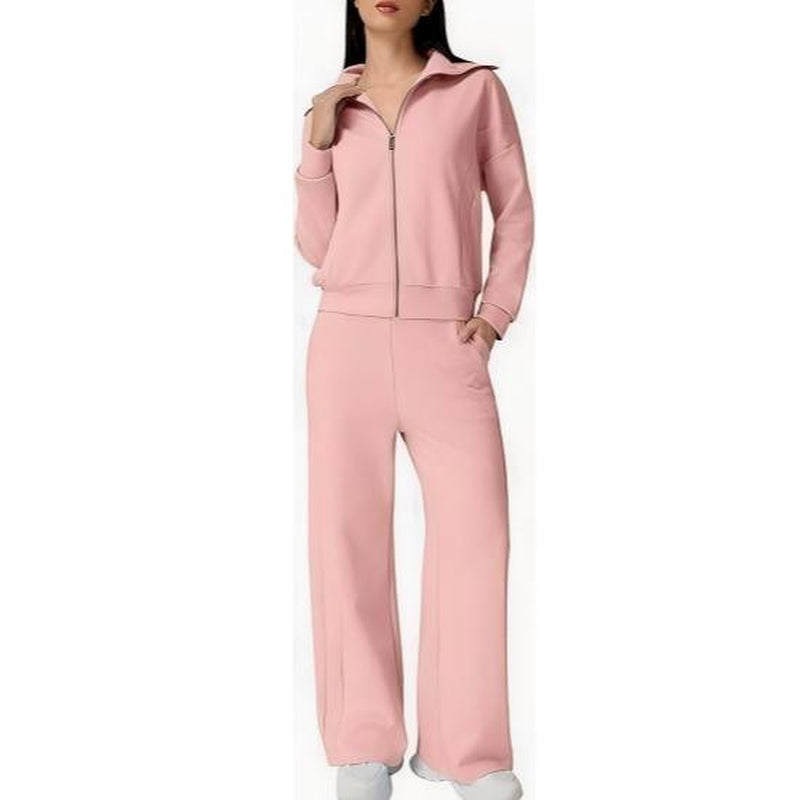 Elevate Your Style with the QINSEN Women's Cotton 2 Piece Tracksuit: Chic Lapel Zip-Up Sweatshirt & Wide-Leg Pants Set