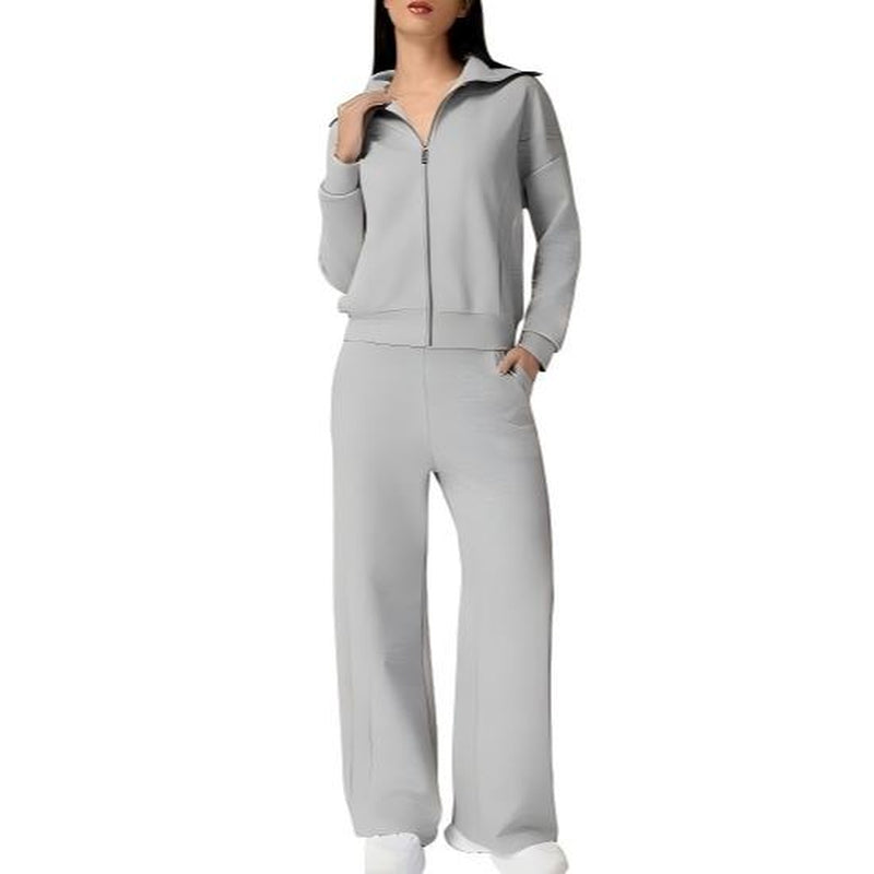 Elevate Your Style with the QINSEN Women's Cotton 2 Piece Tracksuit: Chic Lapel Zip-Up Sweatshirt & Wide-Leg Pants Set