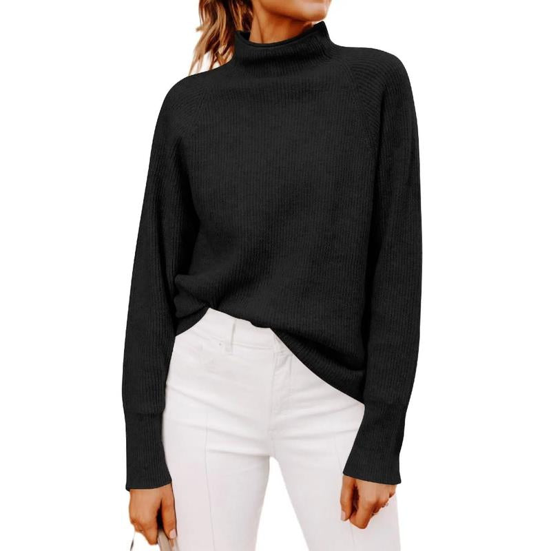 Stylish Ribbed Chunky Knit Mock Neck Sweater for Women