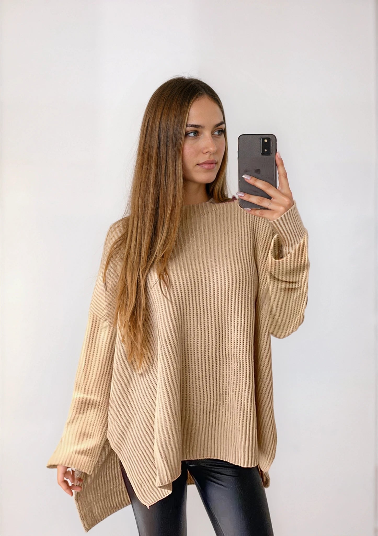 Effortlessly Stylish Chic Apricot Cable Knit Sweater with Side Slits - Cozy Loose Fit