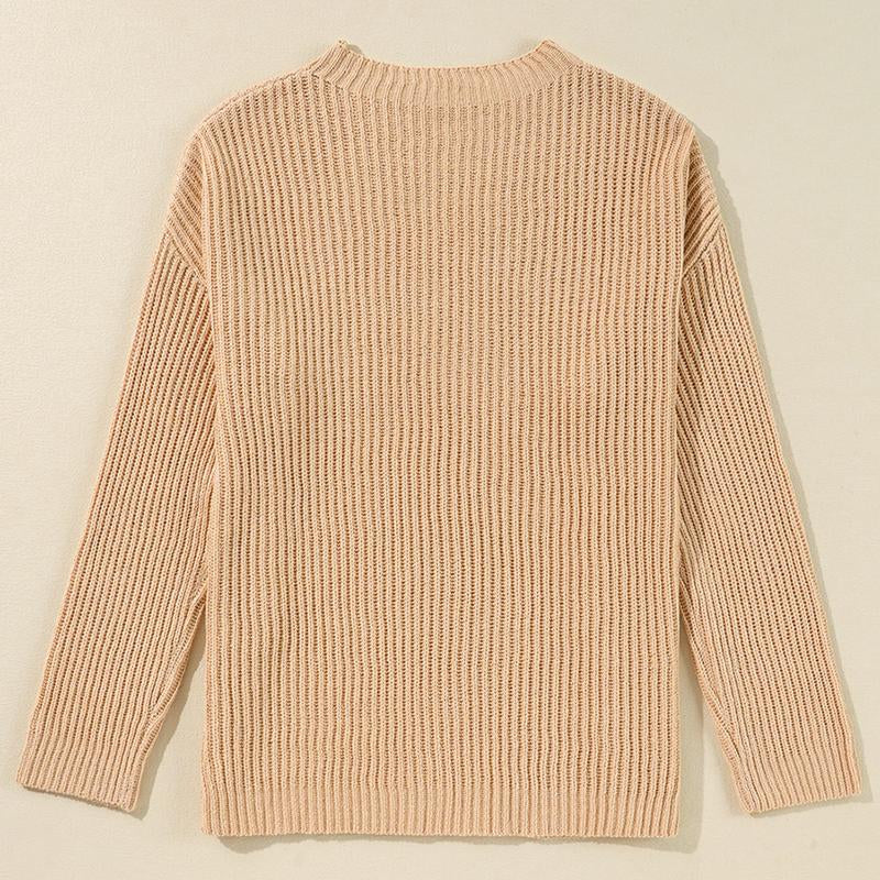 Effortlessly Stylish Chic Apricot Cable Knit Sweater with Side Slits - Cozy Loose Fit