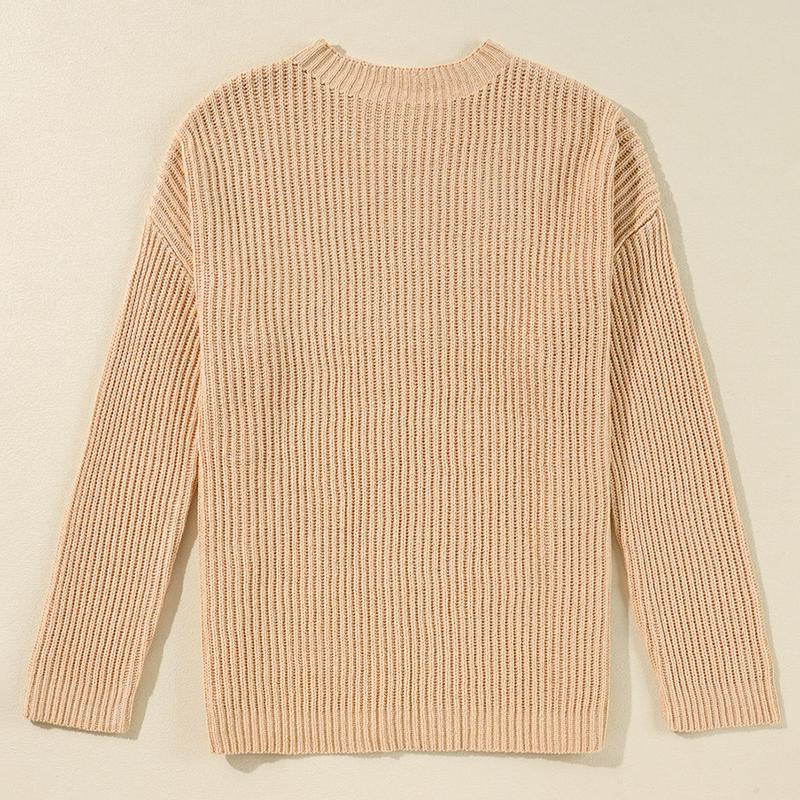 Effortlessly Stylish Chic Apricot Cable Knit Sweater with Side Slits - Cozy Loose Fit