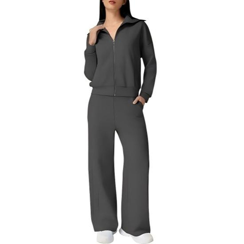 Elevate Your Style with the QINSEN Women's Cotton 2 Piece Tracksuit: Chic Lapel Zip-Up Sweatshirt & Wide-Leg Pants Set