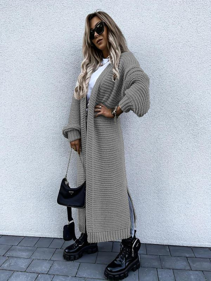 Chic Women's Longline Cardigan with Split Hem & Bishop Sleeves - Perfect for Fall & Winter Daily Wear